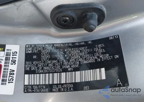 2013 Toyota Sienna Le V6 8 Passenger z USA, uszkodzony, nr VIN 5TDKK3DC7DS379526